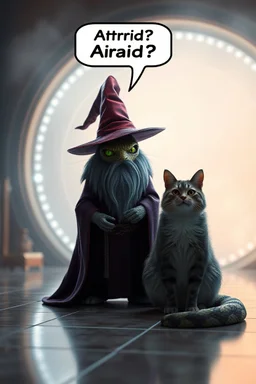 Wizard,snakebat and fat cat, add some fucking realism with no mutants, and a foggy background, and shiny tiled floor, and speechbubble above head saying "Afraid?" in front of space portal dimensional glittering device, bokeh like f/0.8, tilt-shift lens 8k, high detail, smooth render, down-light, unreal engine, prize winning