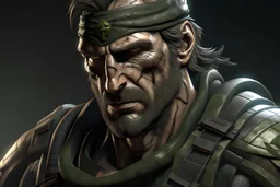 Create a highly detailed, ultra-realistic, photorealistic image of Snake Big Boss from Metal Gear Solid in a impactful situation, screaming and severely wounded, with an epic and cinematic feel.