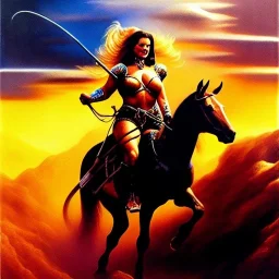 portrait oil on canvas,beautiful busty Female Warrior riding a horse, minimal armor,comic book cover, mystical colors,insanely detailed,realistic,intrincate detail,crystal clear eyes,perfectly drawn face, 16k resolution, masterpiece,Simon Bisley,Frank Frazetta,Alex Horley,ARTHUR ADAMS