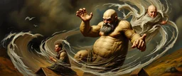 master oil painting by Rembrandt, bald stone giant golem in the middle of twister whirl wind, in the style of disney