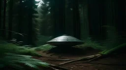 a bell-shaped ufo with a metal surface buried in the ground in the middle of the forest