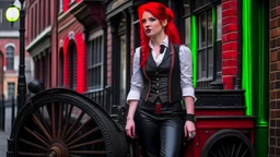 body portrait of a woman with straight shoulder-length red hair, with metal arms and legs, dressed in leather trousers, and a waistcoat, in a Victorian street next to a steampunk carriage, full colour