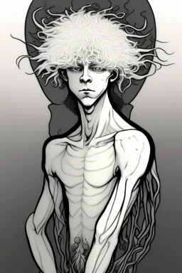 albino young male wizard with third arm extra eyes tendril hair in the style of aubrey beardsley