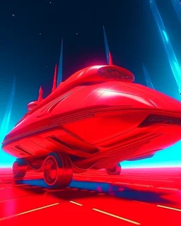 low view angle shot down from upper left front and showing the full vehicle, a RETROFUTURISTIC HOVERING CRAFT OF ALIEN ORIGIN, a beautiful look up modern is decorated with red abstract SKYLINE, all red background, , vray, raytracing
