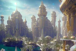 white and gold crystal cosmic and galactic ambiance cinema4d sci-fi futuristic palace, full of details, smooth, bright sunshine，soft light atmosphere, light effect，vaporwave colorful, concept art, smooth, extremely sharp detail, finely tuned detail, ultra high definition, 8 k, unreal engine 5, ultra sharp focus