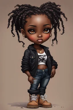 create a EXPRESSIVE OIL PAINTING image of a curvy size chibi dark skinned Black female wearing a black jean outfit with timberland boots. Prominent make up with brown eyes and lush lashes. Highly detailed dread locs