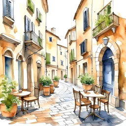 A cozy charming depiction of a typical Italian street with cobblestone paths, outdoor cafes, and vintage architecture, watercolor illustration with coffee, and croissants, 2D drawing, in white background