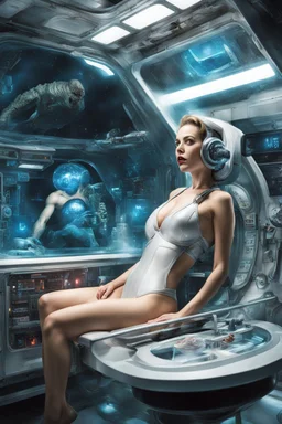 The inside of an alien spacecraft. Strapped to an inclined operating table is a beautiful woman dress in a swimsuit with a very surprised look on her face. in the foreground there is a large clear glass tube with a disembodied brain. on the tube is a sign that reads "female subject". in another glass tube there is a male astronaut with the top of his head cut off. An alien doctor holding a control.