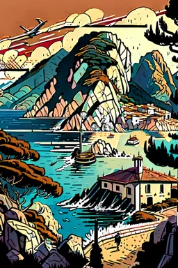 Draw the landscape of Montenegro in the style of a comic book or in the style of a vector graphic.