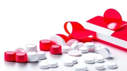 white background, red medical tablets, red ribbon