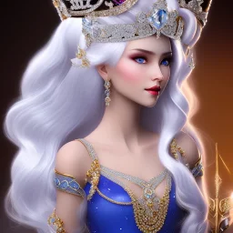 Ice Princess with white hair, a crown with precious stones, bright background