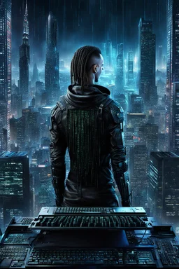 cyberpunk programmer black_Cat-human hybrid_Typing_on_computer_background binary codes, surrounded_by_mindent_3D_binary matrix codes and neutron mesh_etheral, Paranoid_sci-fi_in background_a_tall_cyberpunk_city, the cat hacker watchings monitor, Hyperrealistic texture, high detail, Sinister, cold dynamic lighting, dark-neon colors, Ultra_HD_intense_focus