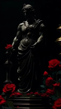 The statue of justice is filled with blood, carrying a scale full of red roses, and poppy flowers grow from underneath it and climb the statue. Dark garden background cinematic.9:16