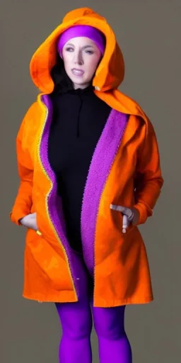 Bright-color-haired woman.fit,thick thighs,thick calves,flat belly,curvy fell, slim. Mantle is sewed of upcycled Denim and sewed together of camouflage pieces. Pieces' color are orange, cream and purple. Cream latex gaiters.It is with big bright purple felt tippet and cream-colored-hood. mantle has a hood. Big AKG-style headphones (gold rings!) is merged with small felt cap with small visor. Style: Haute Couture in 1920's, N.Y.C fashion in 1996, inspired by street art.