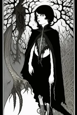 7 year old boy, necromancer, friendly, looks dead,with a long lamprey emerging from his belly , wearing black robes, in the style of Harry Clarke