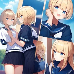 Clear focus,High resolution, Light Blonde hair, and blue eyes, kawaii style, wearing a sailor uniform, Great quality comic