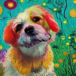 cute multicolored crystal dog, ultra realistic, background of flowers, volumetric lighting, fantasy, highly detailed, lighted background in style of vincent van gogh