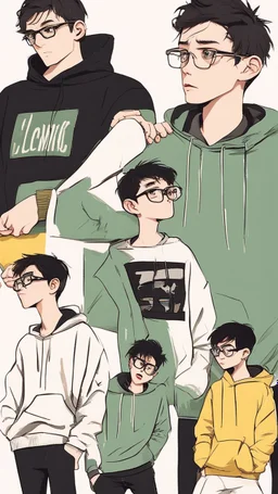 generate a tall guy with green eyes, black short hair, black rectangular glasses, plump lips, wide shoulders, in a black sweatshirt, black pants with pockets on the hips, yellow short socks, in black sneakers, wide shoulders, the guy is crying