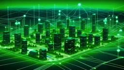 Sprawling green community with Digital smart city infrastructure and rapid data network. Digital city, smart society, smart homes, digital community. DX, IOT, digital network concept