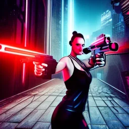 girl pointing gun, metal skin, neon eyes, red lips, on her keen, menacing, cyberpunk city in background, hyper realistic