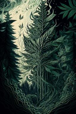 Sketch a composition where intricate smoke patterns transform into a forest of towering trees made entirely of crushed weed leaves, filling the canvas with a surreal and visually captivating asymmetrical patterns.