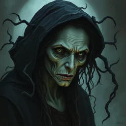 The witch, Lorissa Nightshade, appears—a gaunt, pale woman with hollow eyes and wreathed in shadowy tendrils. Grimdark realistic