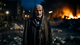 Palestinian old man wears the keffiyeh and the Palestinian dress Carrying a small city ,at winter , Destroyed Buildings , with a Explosions, at night