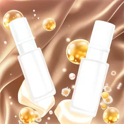 two cosmetics bottles are on a silk fabric, behind a beautiful floral spring floral background, the picture is top view, in the background there are beautiful soap bubbles, molecules and honeycombs, high-quality picture, top view