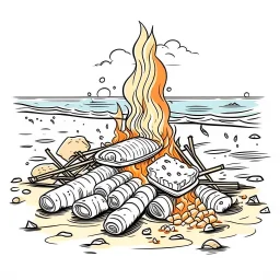 A beach bonfire with marshmallows roasting, cozy, festive, warm firelight, T-shirt design graphic, vector, contour, white background