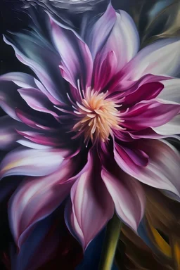 oil painting of a flower that looks like labia, using pink and purple colour palate