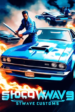 "Design a 90s-style action movie poster titled 'Shockwave Customs' with a blue theme and blue flames. Feature a super heroic mechanic in the foreground, fiercely battling thousands of adversaries with a spanner. In the background, show cars doing burnouts, creating a dynamic and intense scene. Capture the high-energy, gritty aesthetic of classic 90s action films. Prominently display the subtitle 'mmechanic negotiator' in bold, impactful lettering."