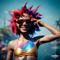 Ultra Realistic photo, medium shot view, drunken dancer bikini woman, carnival scene, monster hair, steampunk. Red hair, confeti, Sunglasses, smile, happy, festival, gradient color fog. highly detailed, concept art, unreal engine 5, ray tracing, RTX, lumen lighting, ultra detail, volumetric lighting, 3d, finely drawn, high definition, high resolution.