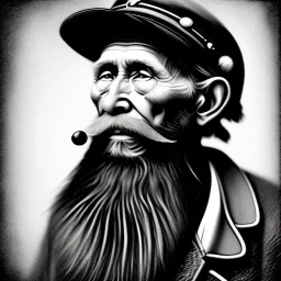 pencil Black and white Portrait of old fishermen sitting on a chair ,long beard, tobacco pipe,wearing a captian hat, fantasy 8k by Van Gogh