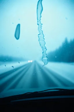 surreal fild road seen through a dirty truck front window, dirty blue snow and wind