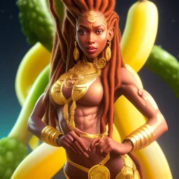 dhalsim as woman with dreads,big pile of bananas,small hands, maze background , levitated lab equipment, 4k, Highly Detailed, Masterpiece, perfect eyes, Digital Illustration, Cinematic Lighting, Realistic, Sharp Focus, Centered, Beautifully Lit, Bioluminescent by Stanley Artgerm Lau