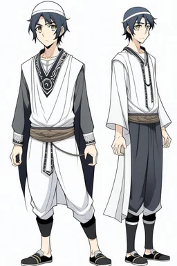 "Draw an anime character, a man with a black hair and full body, wearing traditional Arab clothing. He has white eyes outlined in black eyes color witw