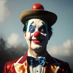 Ultra realistic circus scene. clown man, waist up view, Wes Anderson style, dark ambient, highly detailed, concept art, unreal engine 5, god rays, ray tracing, RTX, lumen lighting, ultra detail, volumetric lighting, 3d, finely drawn, high definition, high resolution.