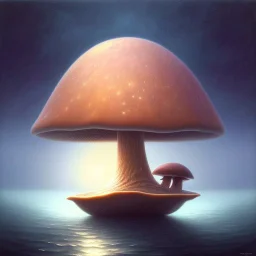 a noctilucent boat made of a mushroom on the ocean at night by artist "Michiel Schrijver",by artist "Leonora Carrington",by artist "Pinhole Photography"