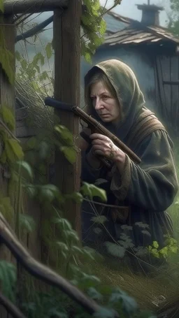 заброшенная русская деревня,лоза вьётся a bhooded woman with gun позабору,разчаща,botanical,гиперреализм,высокая детализация,высокое качество фото,v.1.3