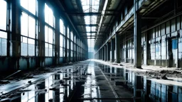 Nave infinita de la Packard Plant, Detroit, columnas repetidas, cristales rotos filtrando luz azulada, charcos secos; en estética industrial de tinta negra y aguadas frías.