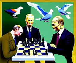 Putin, President Xi Of China And Joe Biden Play Chess With A Pigeon,Complex Surgical Instruments,A Newborn Boy,Minimalism,Painting By Lucian Freud,Rene Magritte,Adrian Ghenie,Michelangelo,Salvador Dali,Pablo Picasso