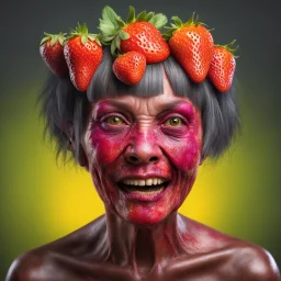 An amusing parody, an old, decomposing zombiegorillawitch with strawberry skin and pixie-cut hair, wearing rotting underwear, 4k, 8k, 32k UHD, Hyper realistic, extremely colorful, vibrant, photorealistic, realistic, sharp, highly detailed, professional quality,