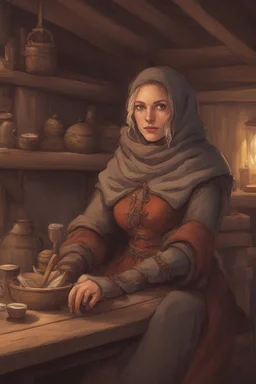 DnD style, medieval woman dressed in warm winter clothes sitting in a tavern