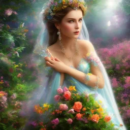 bright fairy, beautiful portrait, flowery landscape