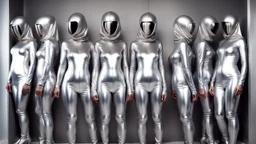 Hyperrealistisch dutzende Frauen völlig verhüllt von hermetischen silber glänzendem Ganzkörper-Zentai mit geschlossenem undurchsichtig verspiegeltem Visier in identischen silberfarbenen, geschlossenen Helmen stehen doppelreihig Spalier