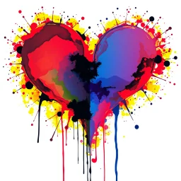 ink splatter abstract painting in the shape of a heart, primary colors, double exposure