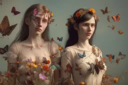 portrait of a couple, girl 1 dressed as life (flowers, butterflies, leaves), girl 2 dressed as death (skeletons, wilted flowers, upside down bird), resting heads against each other, beautiful, ethereal, 8k resolution, dynamic lighting