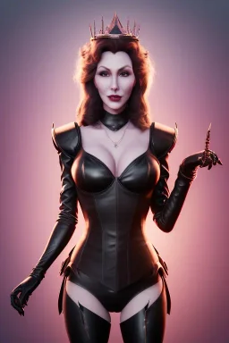 Brandi Love as evil queen in black leather, leather, busty, cleavage, angry, stern look. character design by cory loftis, fenghua zhong, ryohei hase, ismail inceoglu and ruan jia. unreal engine 5, artistic lighting, highly detailed, photorealistic, fantasy