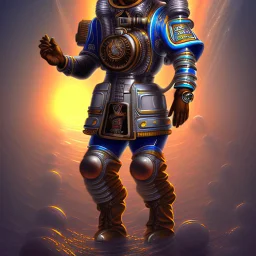 90's TCG art retro scifi art of a steampunk diver with big armor