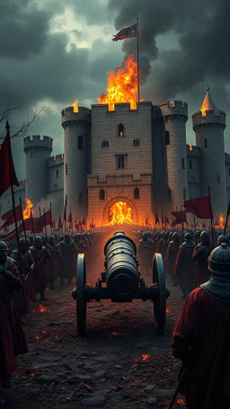 A canon leading an old army toward a big castle whose was is set on fire in a bloody war at scene